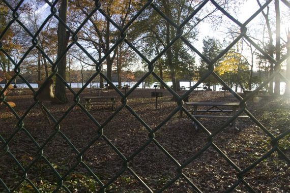 Playground and picnic area beyond the fence.