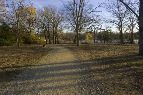 Wide flat path in an open area near a lake.