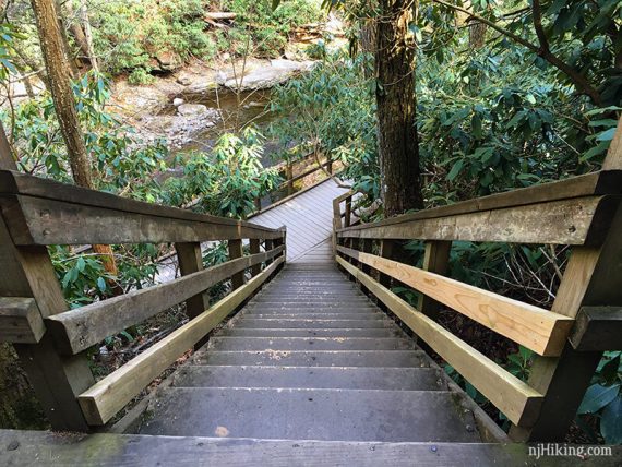 Looking down wooden stairs