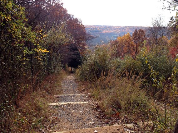 Steep downhill trail with hill in the distance