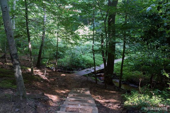 Wooden steps down to a bridge