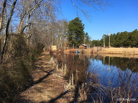 Path along the edge of a pond with a shack in the distance