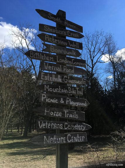 Tall wooden trail sign with many park destinations