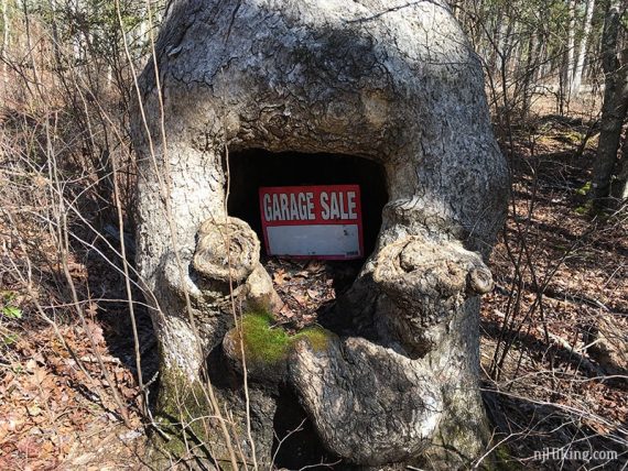Garage sale sign nestled in a tree hollow.