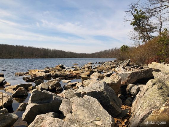 Rocky shoreline of Sunfish Pond.