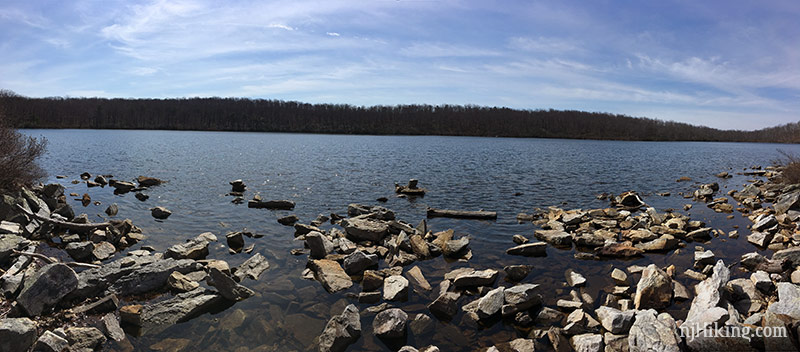 Jumbled rocks along the shore of Sunfish Pond.