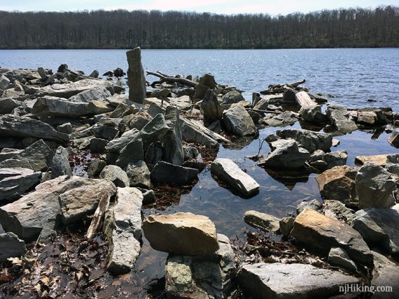 Jumble of rectangular rocks near a pond.