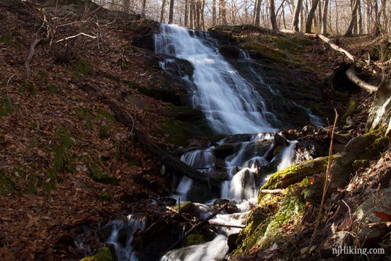 Laurel Falls with sunlight streaming over it.