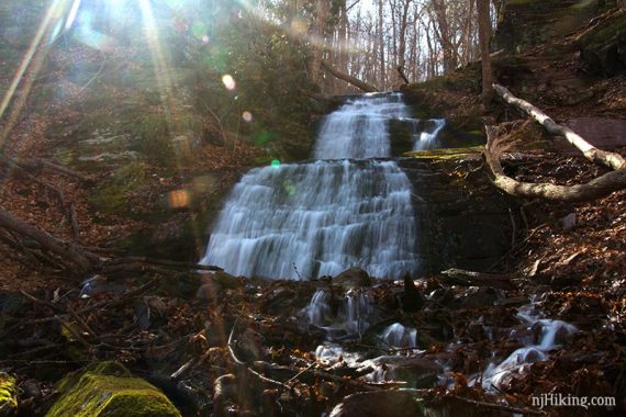 Upper Laurel Falls with sun light streaming above it.