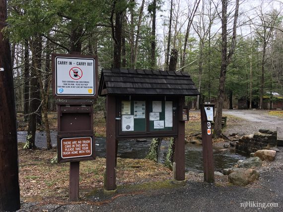 Trail kiosk with information about Stokes State Forest.