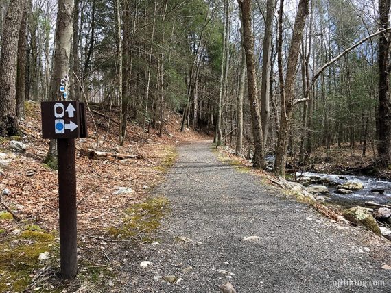 Trail post with blue and brown markers next to a gravel path.