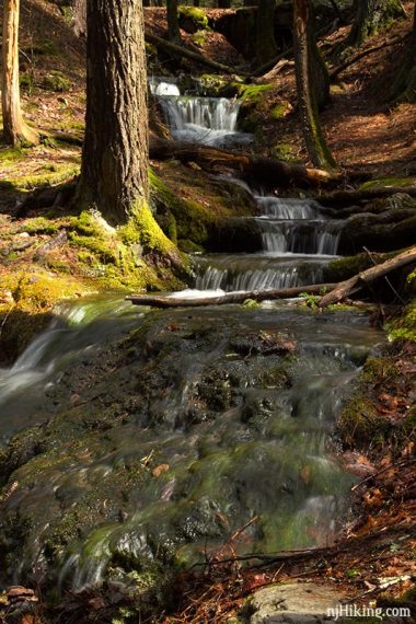 Long waterfall cascading over rocks.