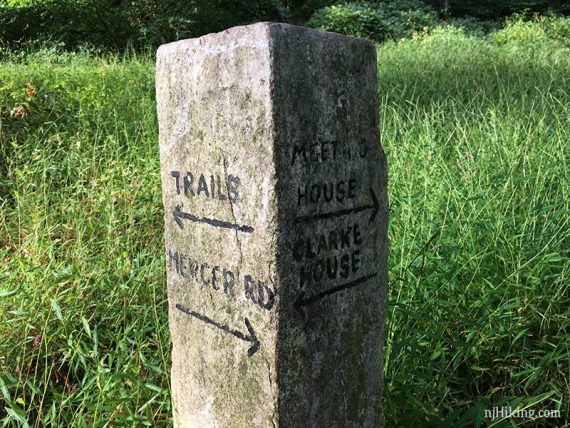 Stone trail marker at Institute Woods.