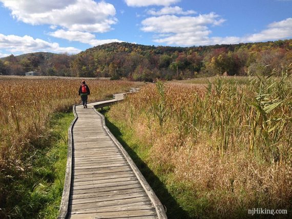 Hiker on the Pochuck Boardwalk.