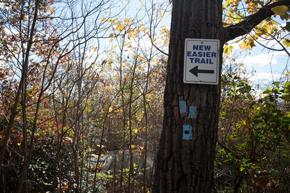 Sign for "new easier trail" bypass route.