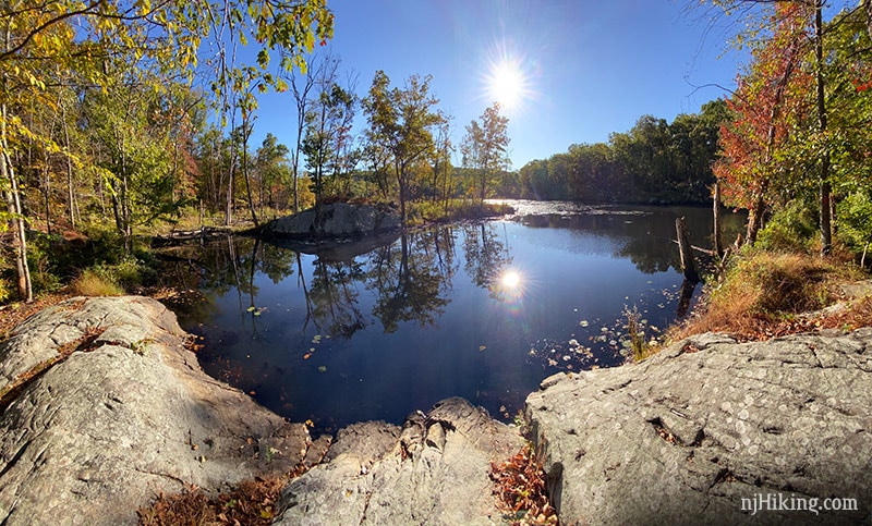 Wide angle panorama of a reservoir.