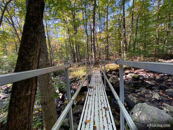 Metal bridge over a stream.