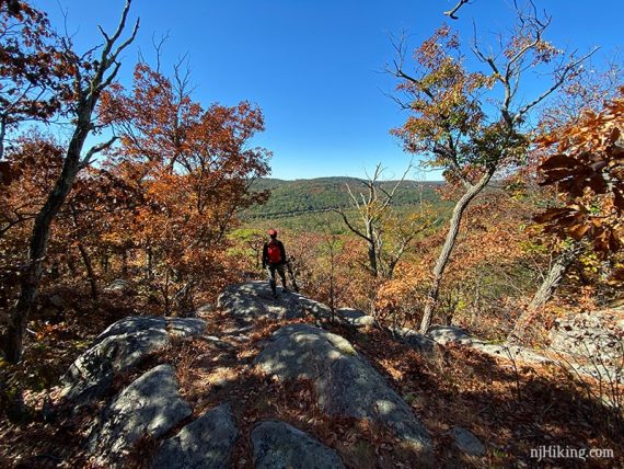 Hiker on a rock outcrop looking at the view.