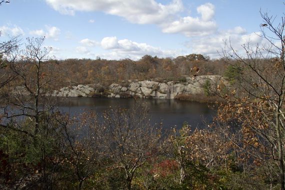 View of the rocky sides of the pond