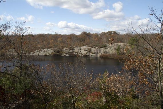 View of the rocky sides of the pond.