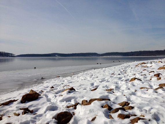 Reservoir bank with snow