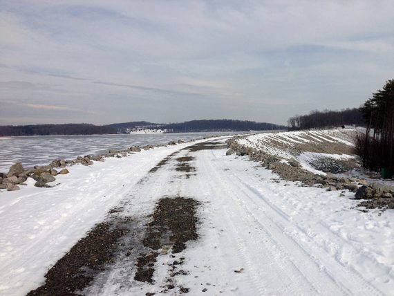 Crossing the main dam with snow