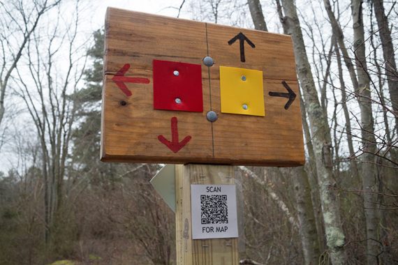 Red and Yellow and a QR code for the map