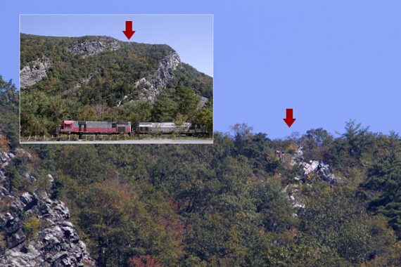 Hikers on top of Mt. Tammany, seen from the parking area along Rt. 611