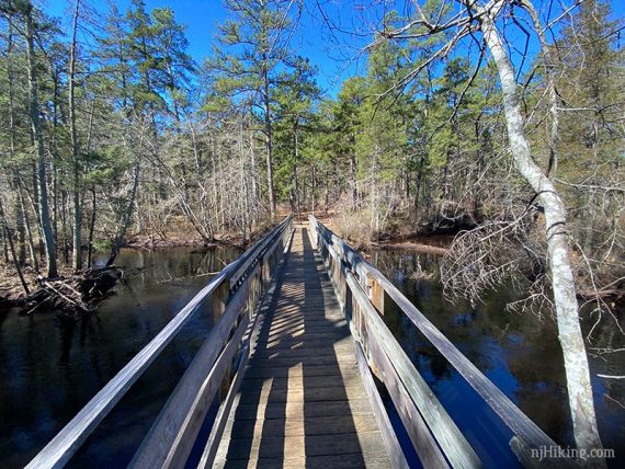Long wooden trail bridge over water.