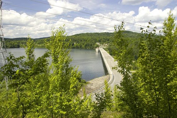 Monksville Reservoir dam seen from a side trail