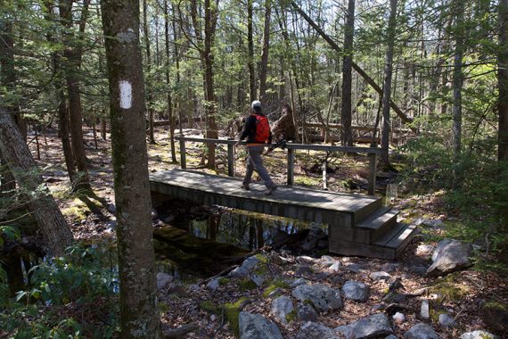 Hiker crossing a footbridge over a stream along the Appalachian Trail.