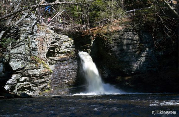 Deer Leap Falls with people on the bridge over it