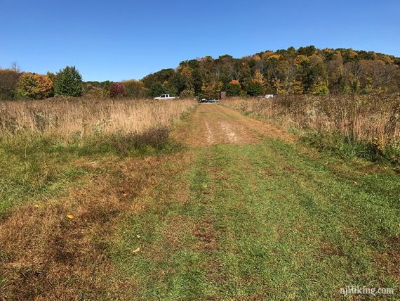 Mowed path through a field with a parking area beyond.