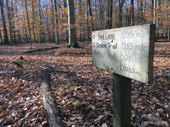 Trail marker sign at an intersection.