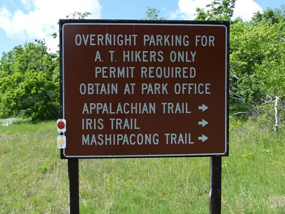 Hiker parking lot sign for AT, Iris, and Mashipacong trails