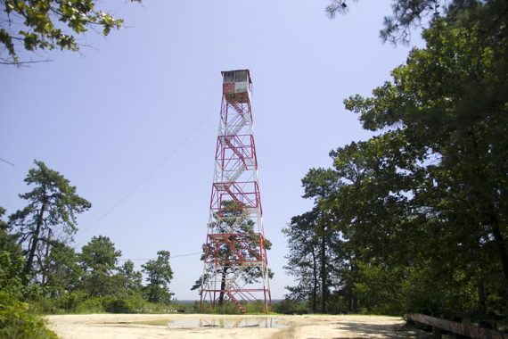 Apple Pie Hill Fire tower on a slight sandy hill.