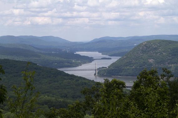 View of Hudson River and Bear Mtn. Bridge with Anthony's Nose to the right.