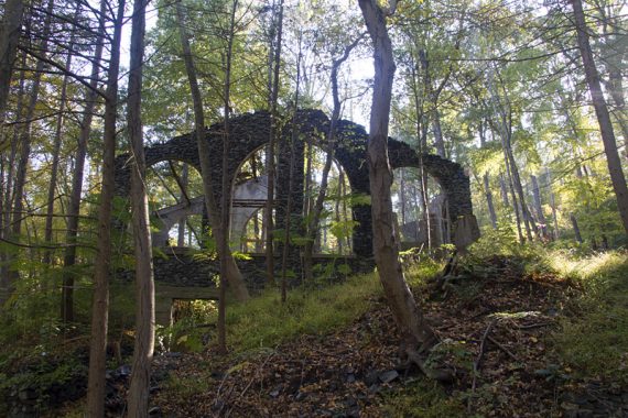 Stone building frames along the Lakeville Ironworks trail.