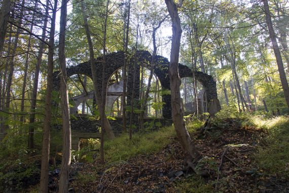 Stone building frames along the Lakeville Ironworks trail