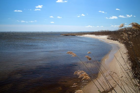 Short sandy beach against blue water.