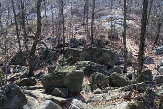 Rock scrambles on Raccoon Brook Hills trail.