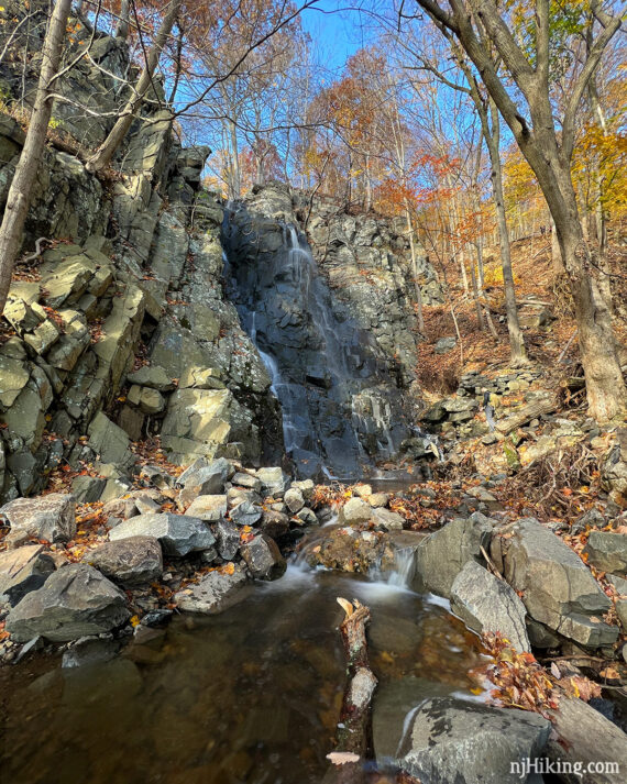 Peanut Leap Cascade flowing into a pool of water surrounded by rocks.