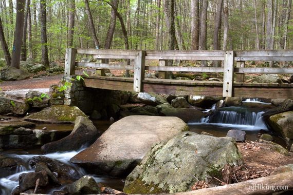 Wooden bridge over water cascades.