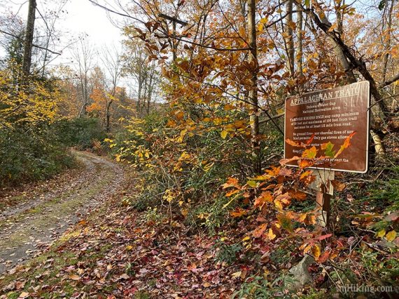 Appalachian Trail sign along a woods road.