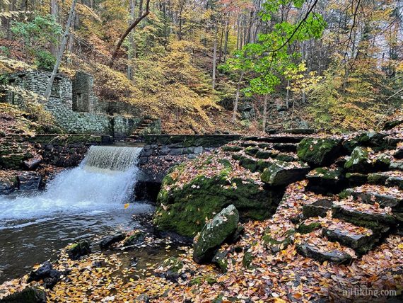 Front of cottage with water spilling over a dam near stone steps.