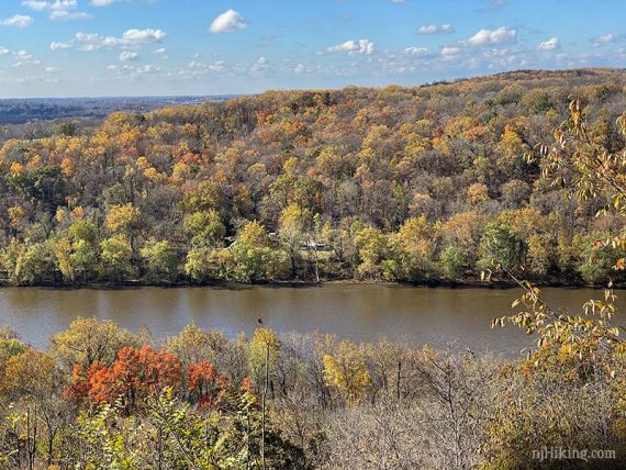 Yellow, orange, and green foliage lining a river.