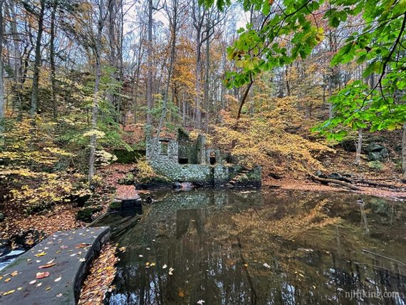 Pond in front of stone cottage.