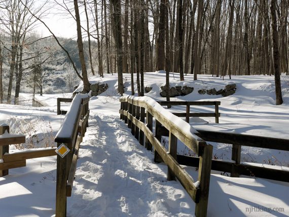 Wooden footbridge on a snowy trail