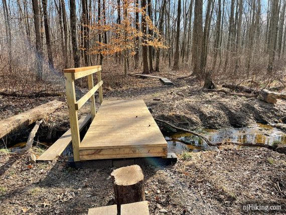 Wooden footbridge over a small stream.