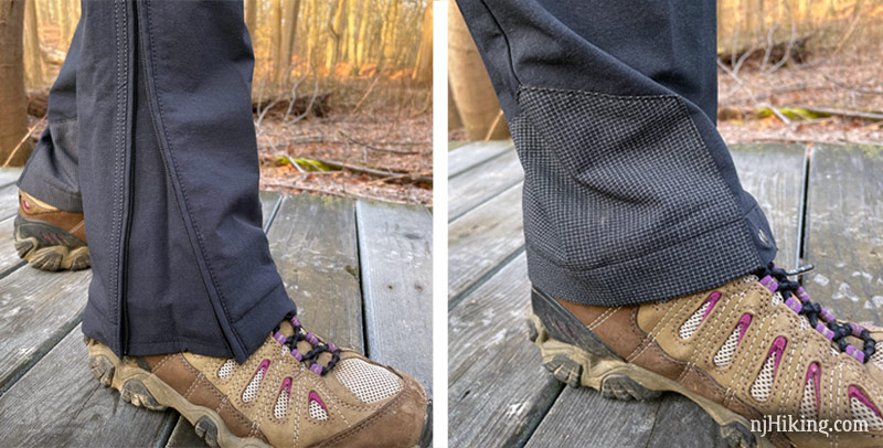 Detail of zippered pant legs and cuff guards.